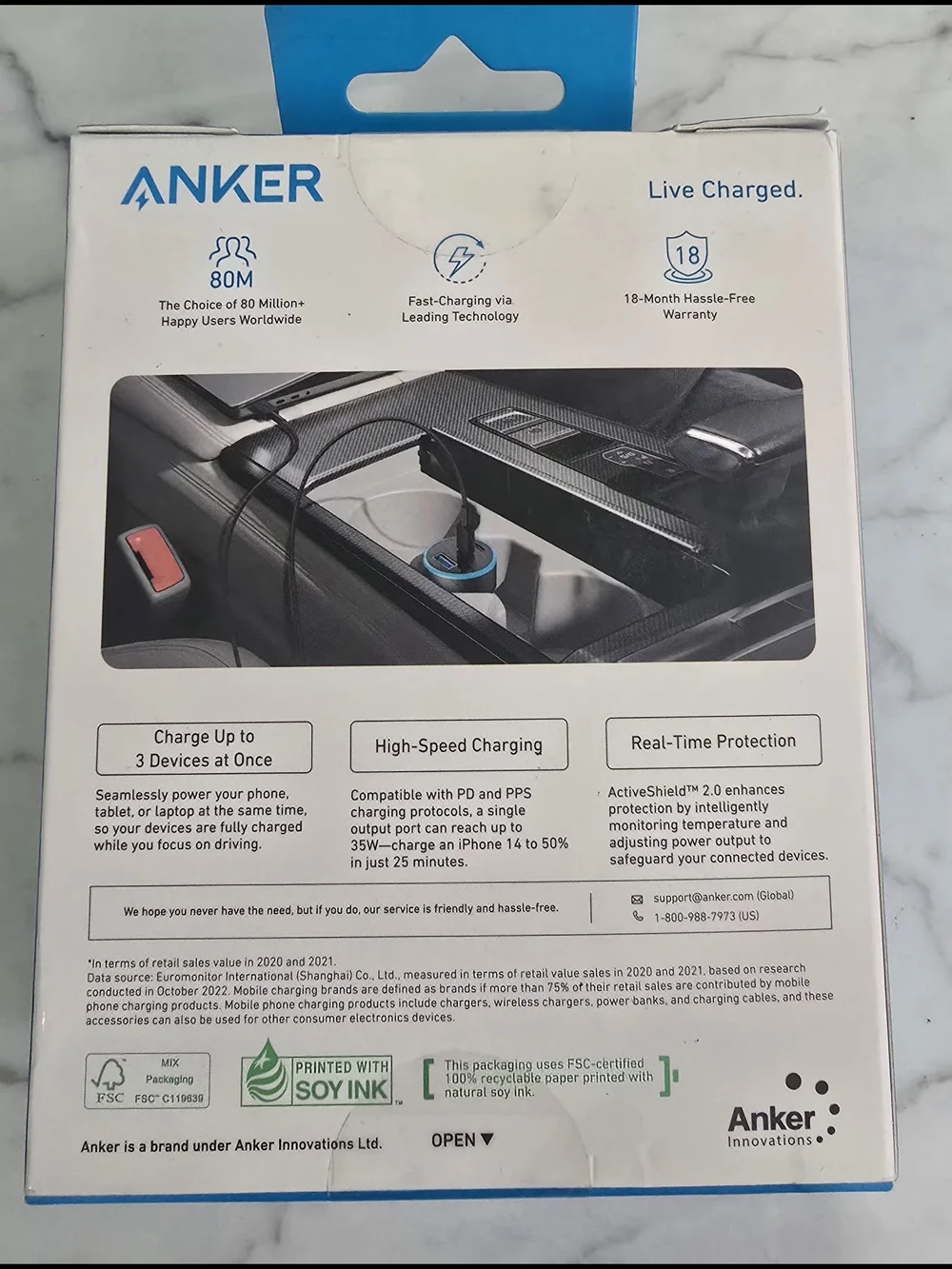 Anker Triple-Port Car Charger — Black with Light Blue Accent